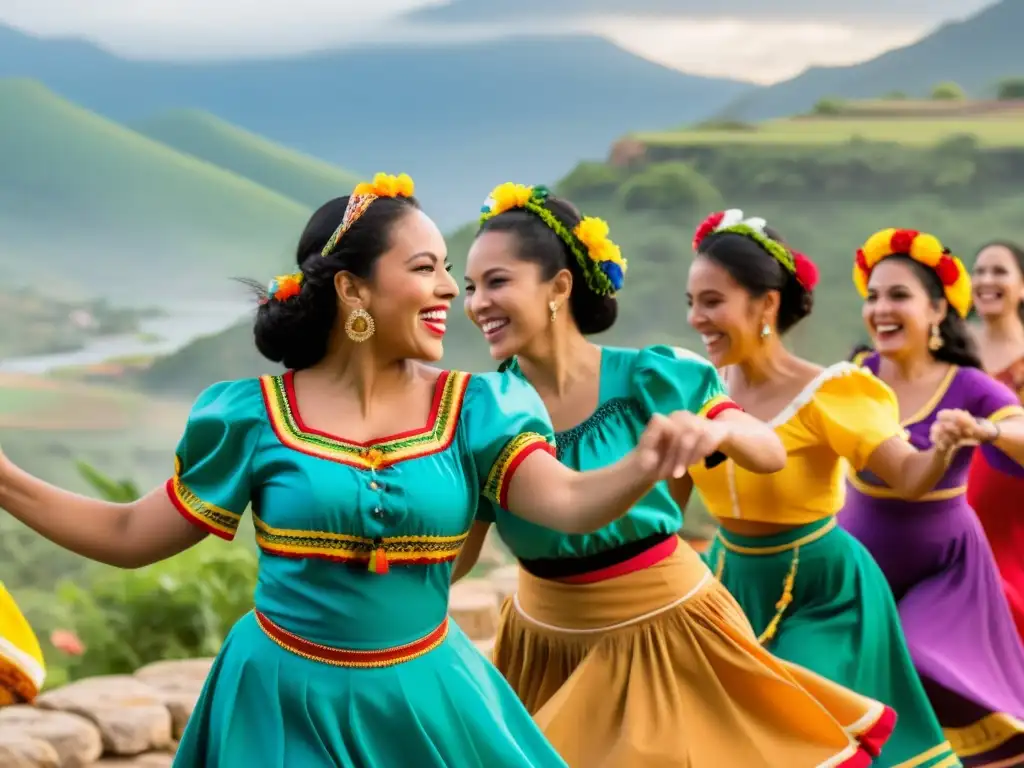 Un grupo diverso baila alegremente cumbia en un entorno vibrante al aire libre, con trajes tradicionales coloridos y música animada