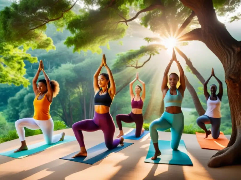 Un grupo diverso practica yoga y danza al aire libre, fusionando significados culturales en una escena visualmente impactante