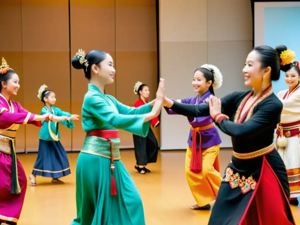 Grupo diverso practica danza asiática con métodos de enseñanza intergeneracionales