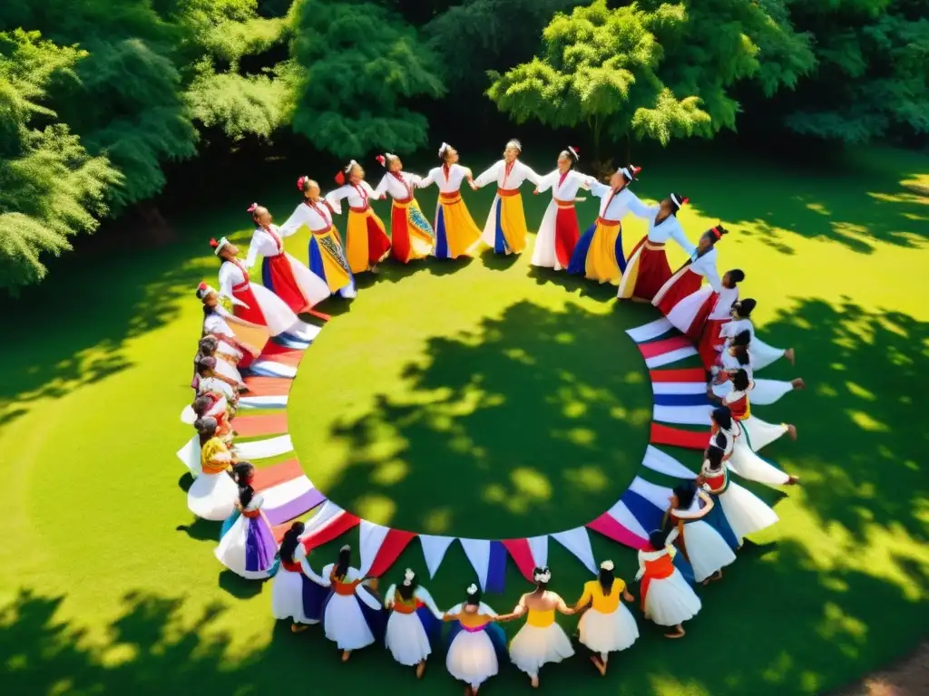 Grupo diverso danza en círculo al aire libre, vistiendo trajes tradicionales