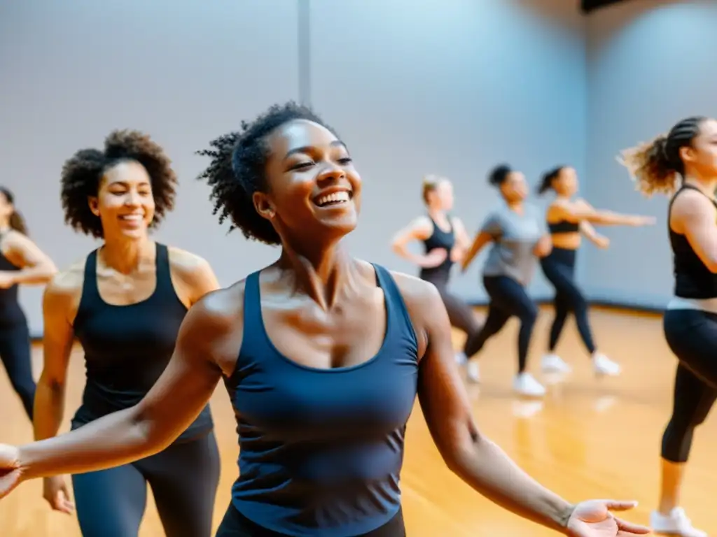 Grupo diverso disfruta de la danza en un estudio bien iluminado, reflejando alegría y liberación