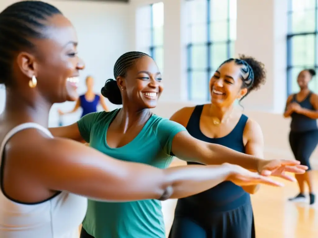 Grupo diverso disfruta de sesión de danza terapéutica en estudio luminoso, conectando con la alegría y los beneficios terapéuticos de la danza