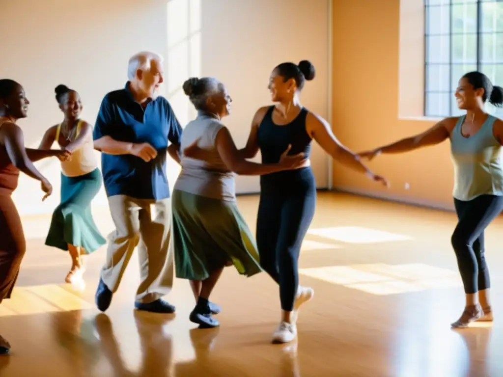 Grupo diverso participando en danza terapéutica simposio internacional, expresando emociones y conexión en ambiente cálido y acogedor