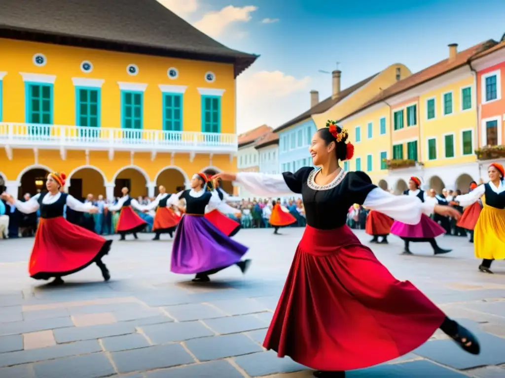 Grupo diverso baila danzas patrimoniales en plaza animada