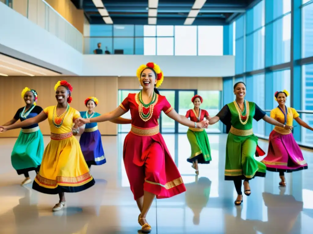 Un grupo diverso de empleados baila en trajes tradicionales en la oficina, mostrando la integración de la danza en la cultura organizacional