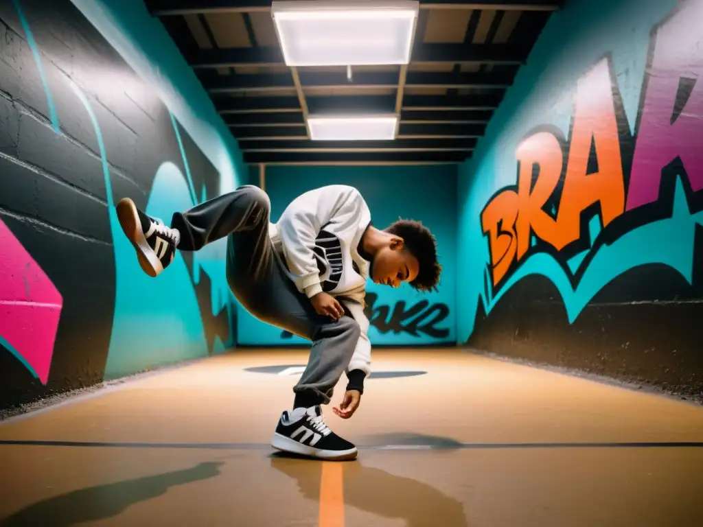 Grupo diverso de estudiantes apasionados practicando breakdance en un entorno urbano, bajo la luz de un farol, con grafitis vibrantes de fondo