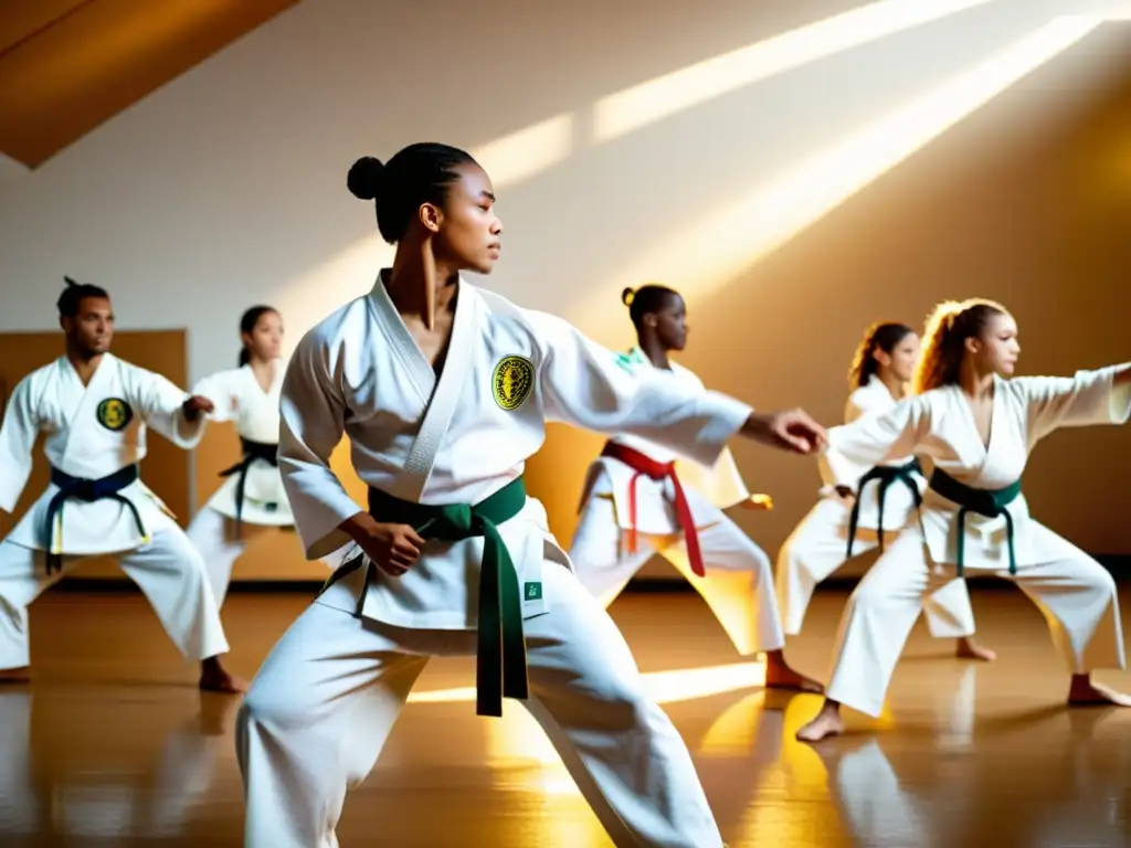 Grupo diverso de estudiantes practicando capoeira tradicional en un estudio soleado, expresando pasión y determinación