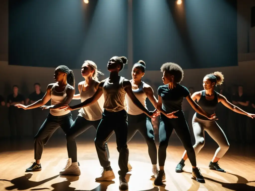 Un grupo diverso de estudiantes de krumping se reúnen en círculo, con movimientos congelados que capturan la pasión y energía del baile