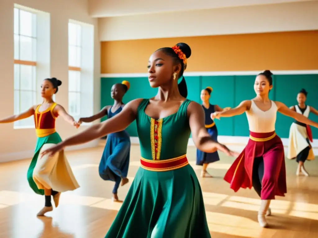 Grupo diverso de estudiantes practicando coreografías en un estudio amplio y soleado