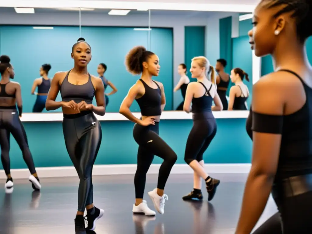 Un grupo diverso de estudiantes de danza practica en un estudio bien iluminado, mostrando su pasión por aprender danza a través de una plataforma de streaming interactiva