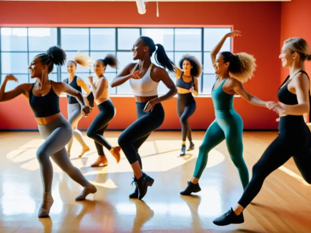 Un grupo diverso bailando con pasión en un estudio de danza vibrante, con luz natural y equipos musicales