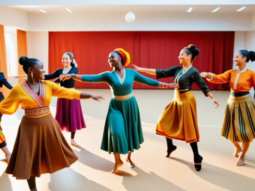 Grupo diverso en evento interactivo de danzas tradicionales, inmersos en la rica herencia cultural, con movimientos y energía apasionada