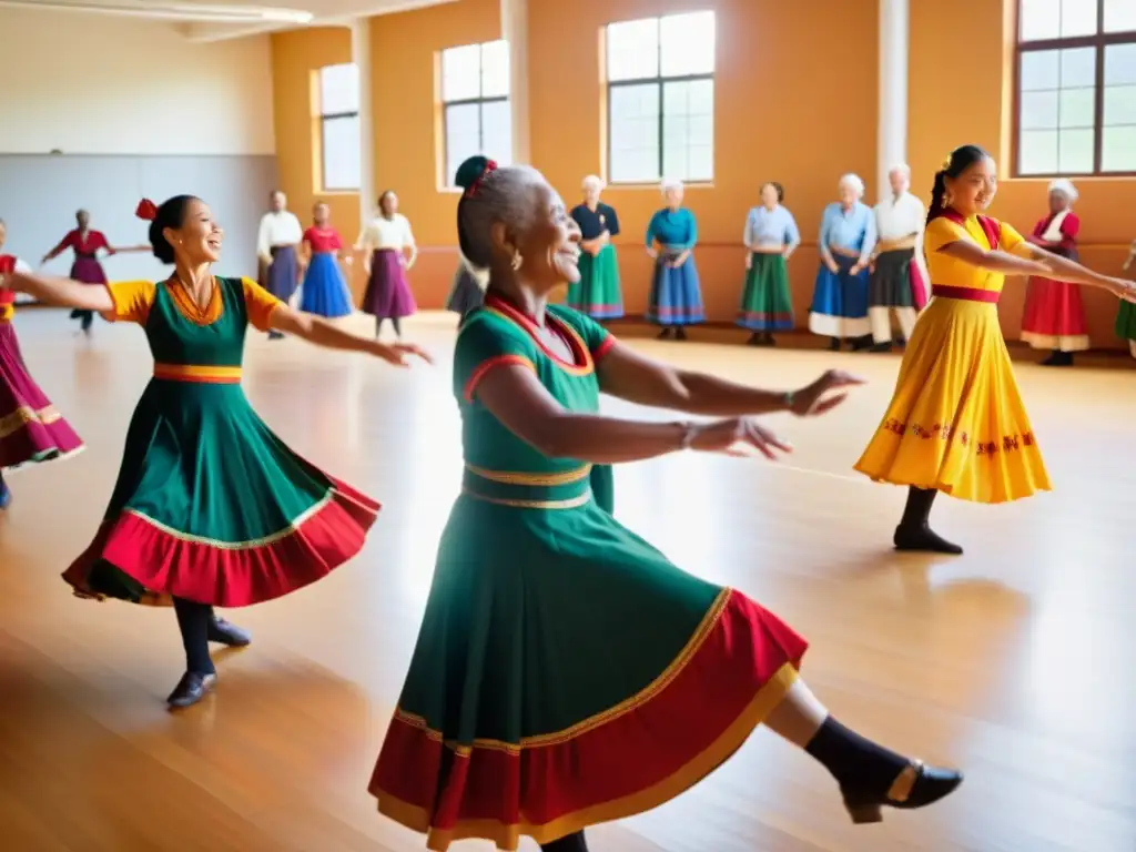 Un grupo diverso baila con gracia y alegría en un estudio iluminado por el sol