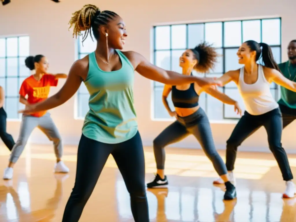 Grupo diverso bailando hip hop, expresando alegría y concentración