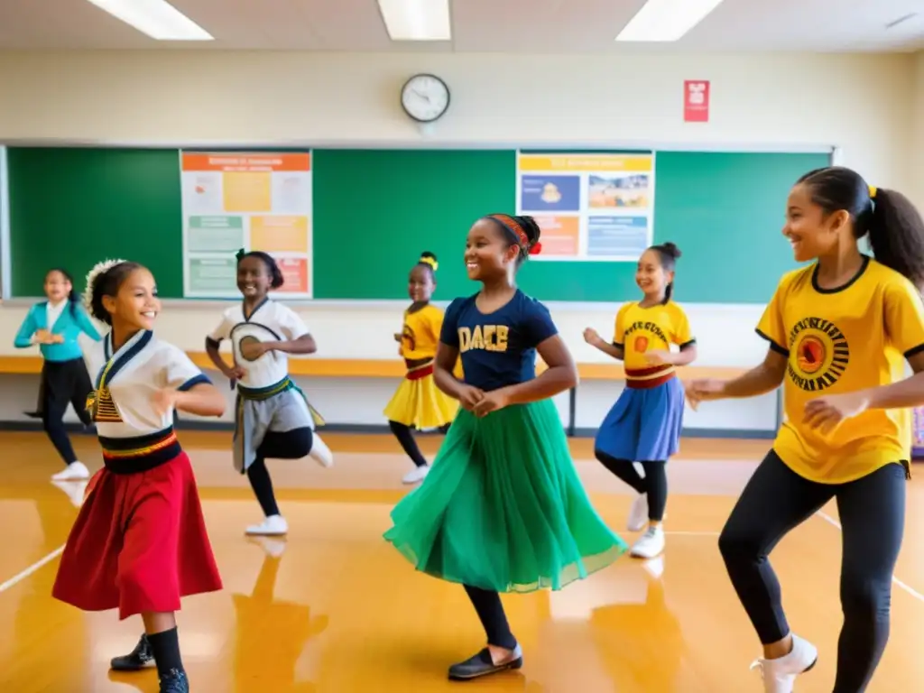 Grupo diverso de jóvenes practicando danzas tradicionales en un aula espaciosa y bien iluminada, rodeados de libros educativos y energía vibrante