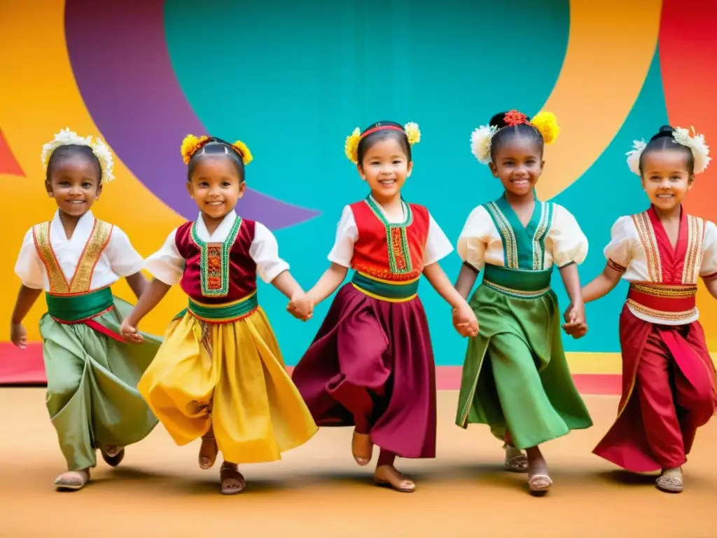 Un grupo diverso de jóvenes vestidos con trajes de danza tradicionales, unidos y bailando con expresiones alegres en un entorno vibrante y colorido