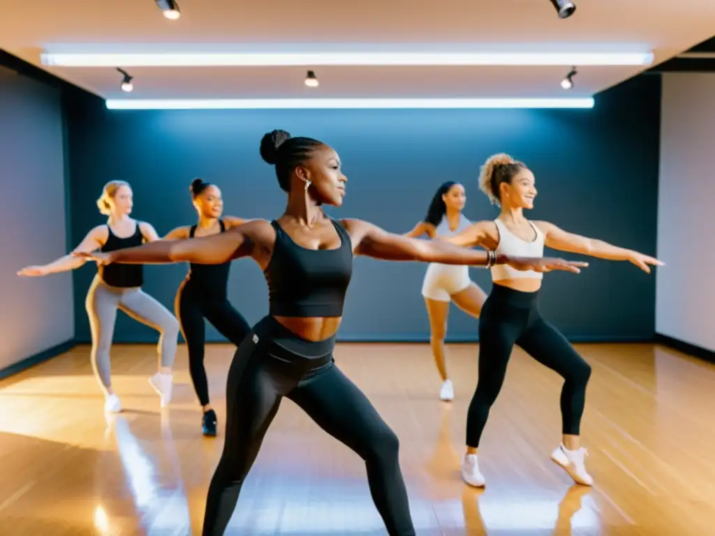 Clase de baile en línea: Instructores dinámicos y apasionados Un grupo diverso de maestros de danza lidera una clase en línea, mostrando diferentes estilos y técnicas
