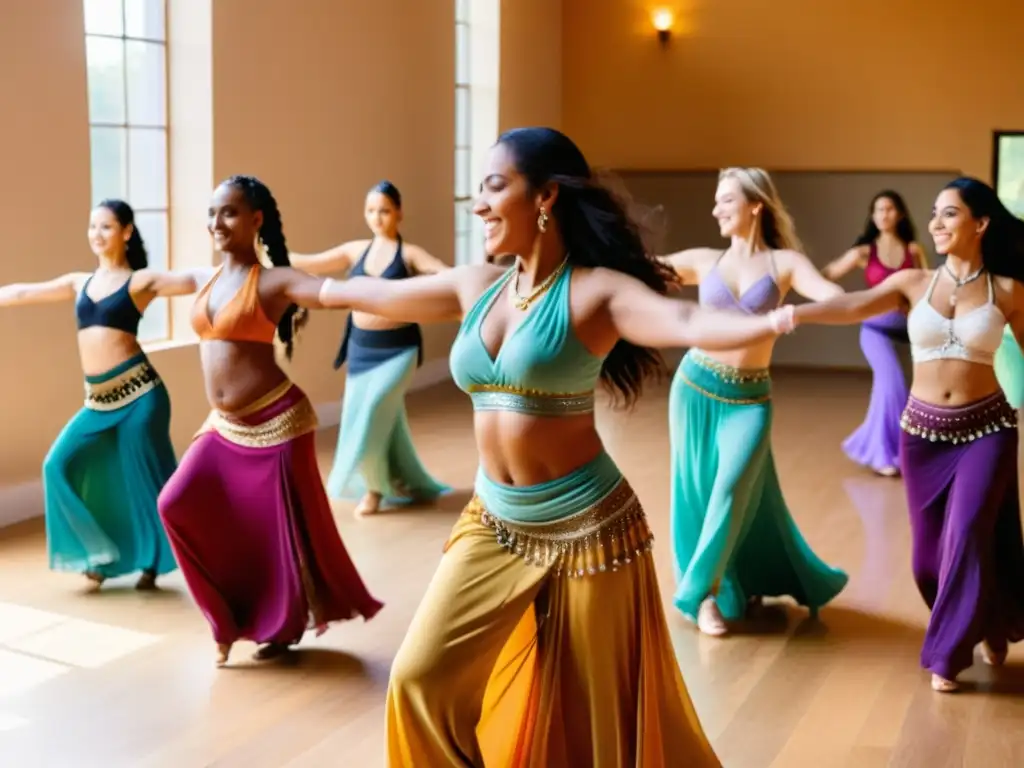 Grupo diverso de mujeres bailando con gracia y alegría en una clase de danza del vientre