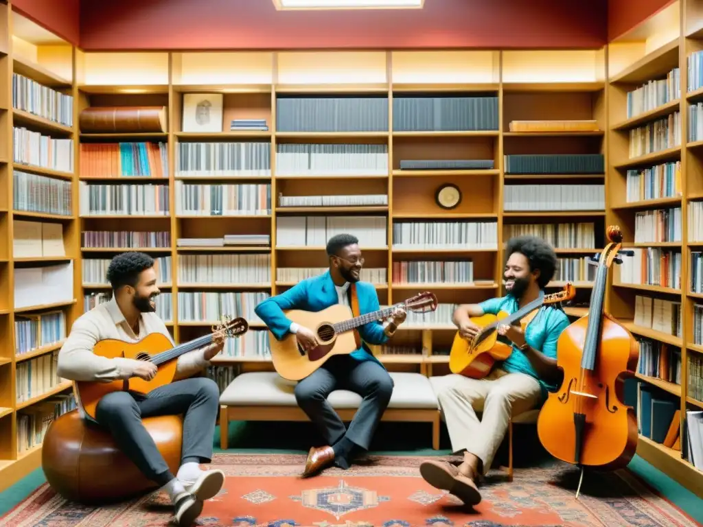 Un grupo diverso de músicos conversa animadamente en una acogedora biblioteca musical de danzas del mundo, rodeados de partituras y grabaciones