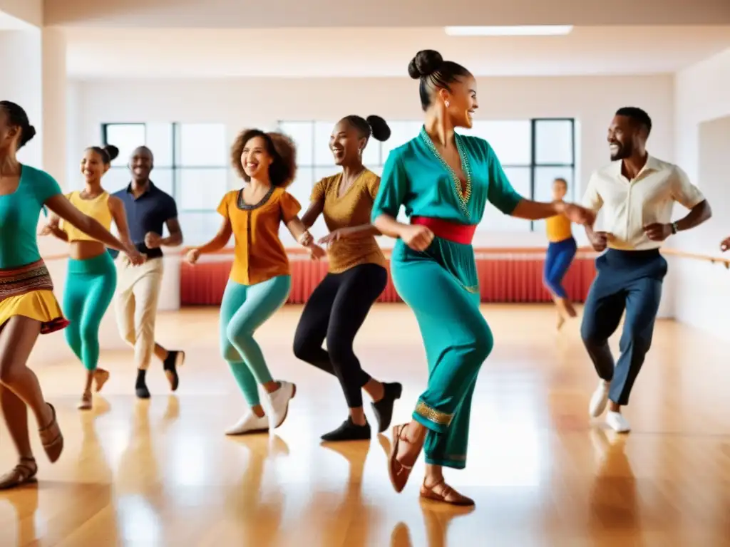 Un grupo diverso de personas baila con alegría pasos tradicionales en un estudio luminoso