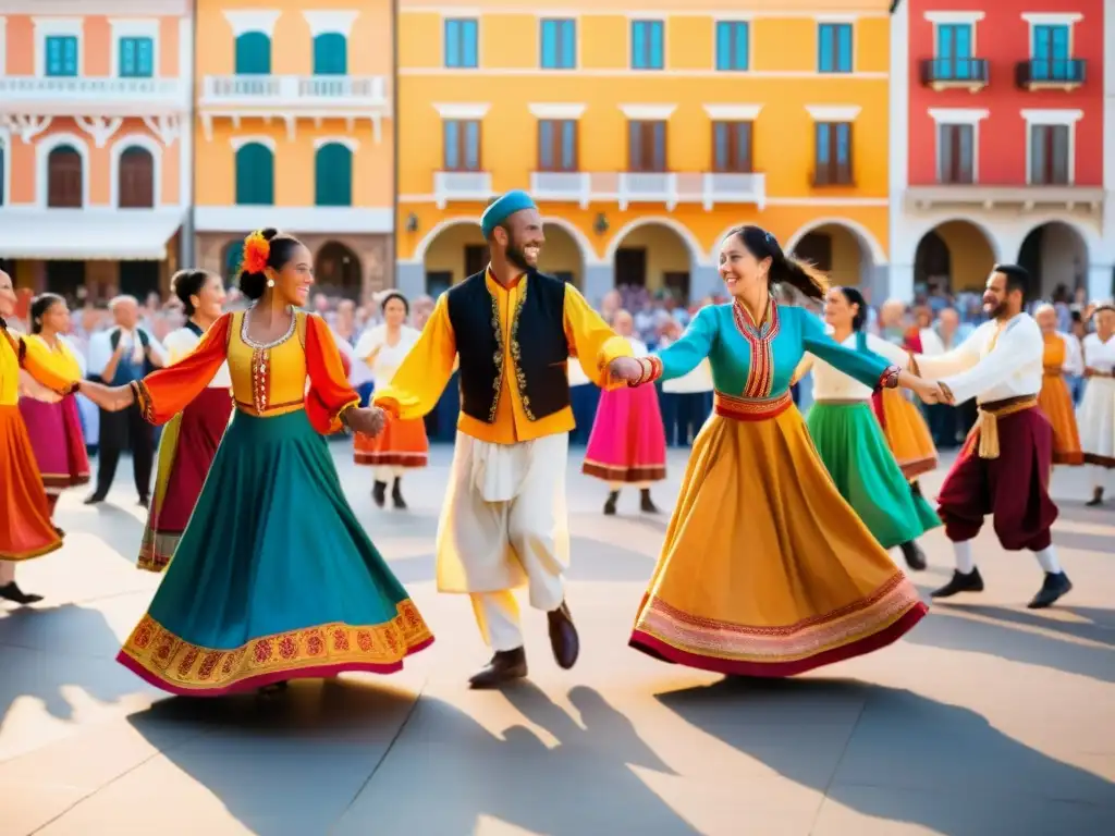 Un grupo diverso de personas baila en un animado círculo, vistiendo trajes tradicionales en una plaza vibrante al atardecer