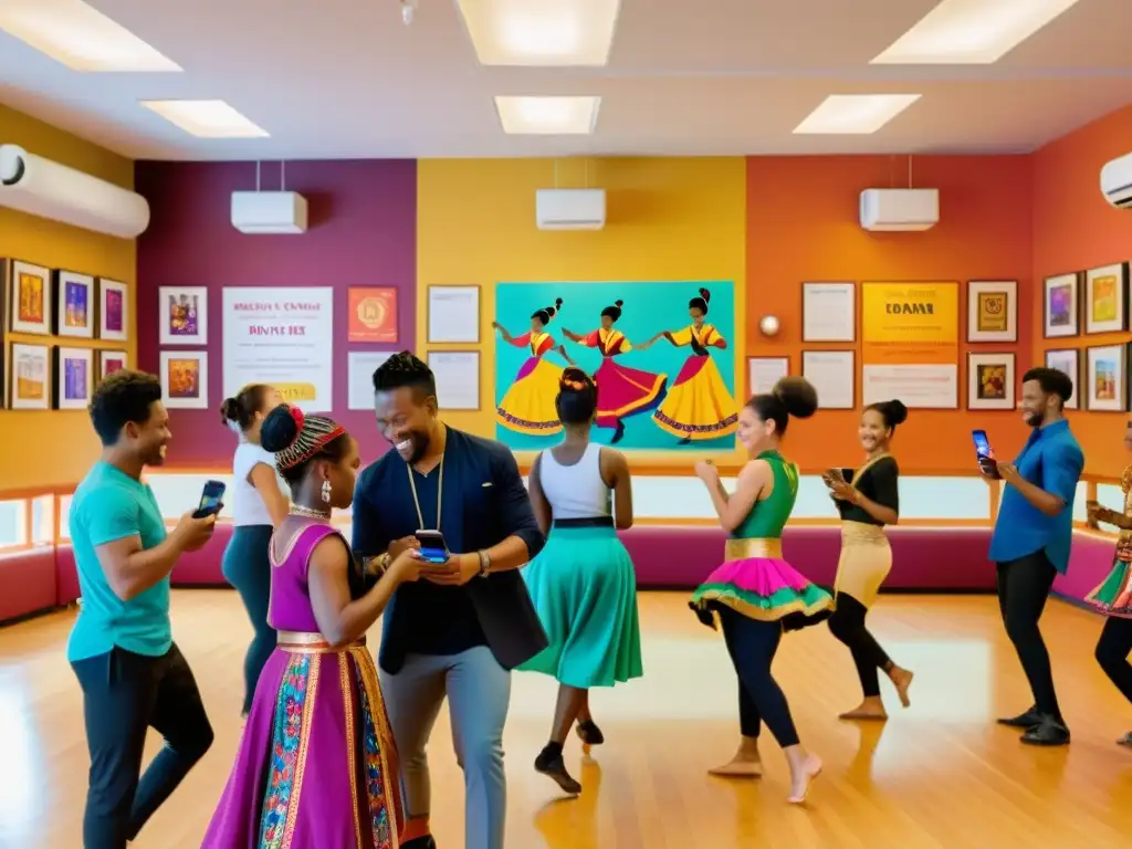 Un grupo diverso de personas utiliza una aplicación para aprender danzas tradicionales en un estudio culturalmente rico