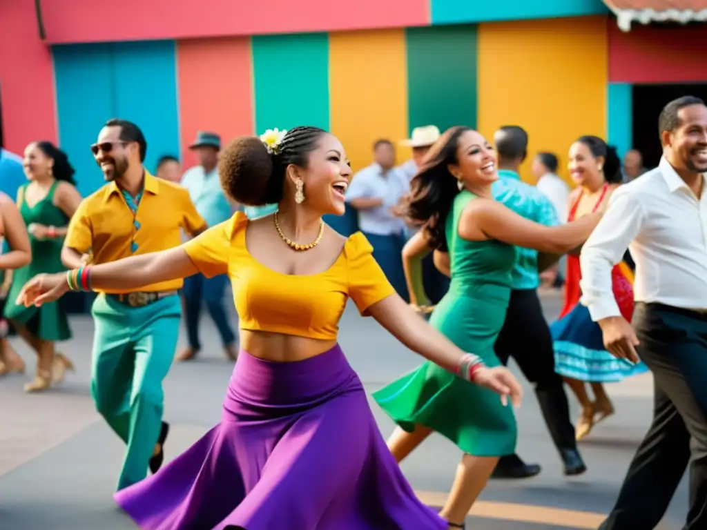 Un grupo diverso de personas baila alegremente cumbia en un entorno urbano vibrante, con ropa tradicional colorida y música en vivo