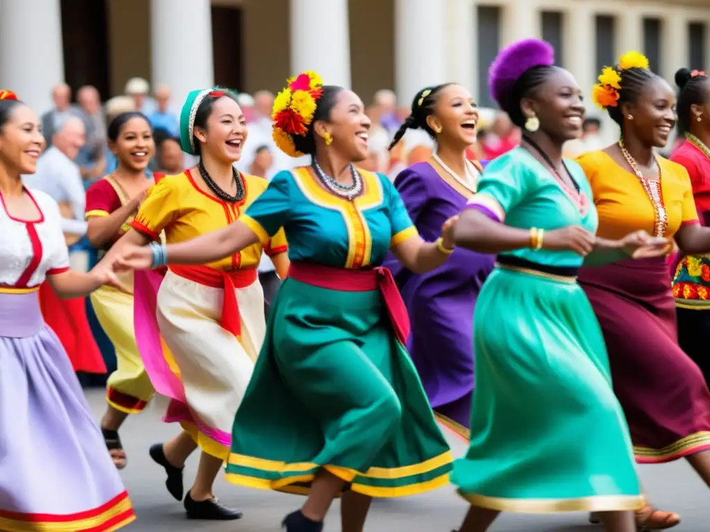 Un grupo diverso de personas de diferentes edades y etnias bailando danzas tradicionales de todo el mundo, vistiendo trajes coloridos y auténticos