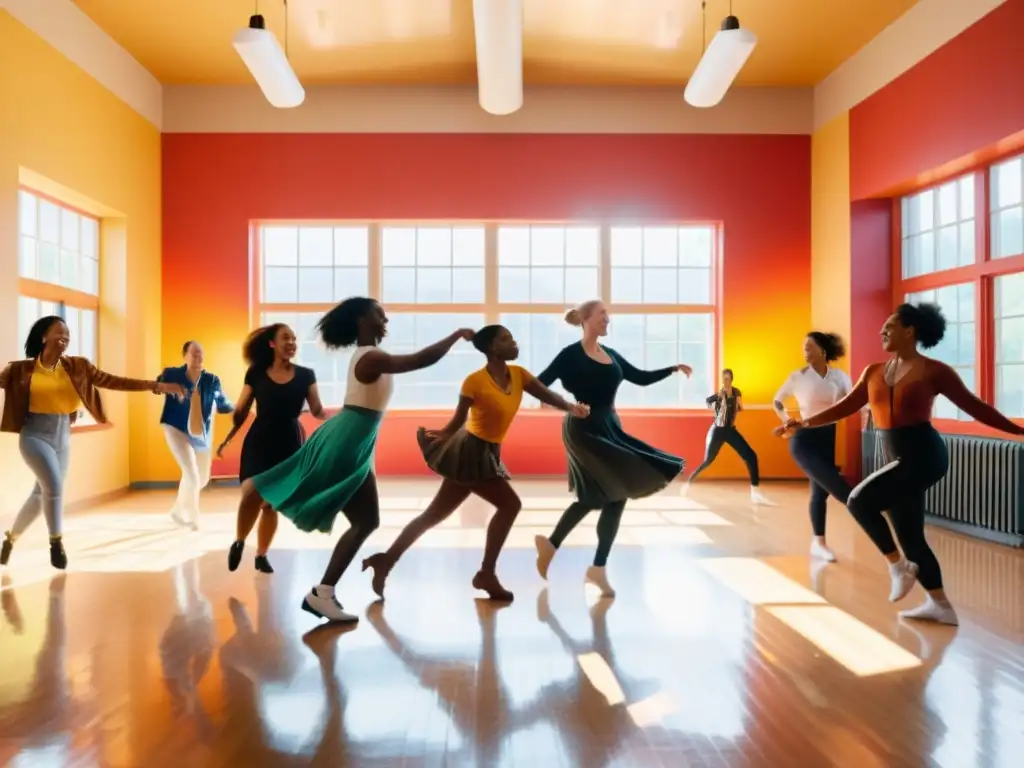 Un grupo diverso de personas LGBTQ+ baila con energía y alegría en un estudio de danza