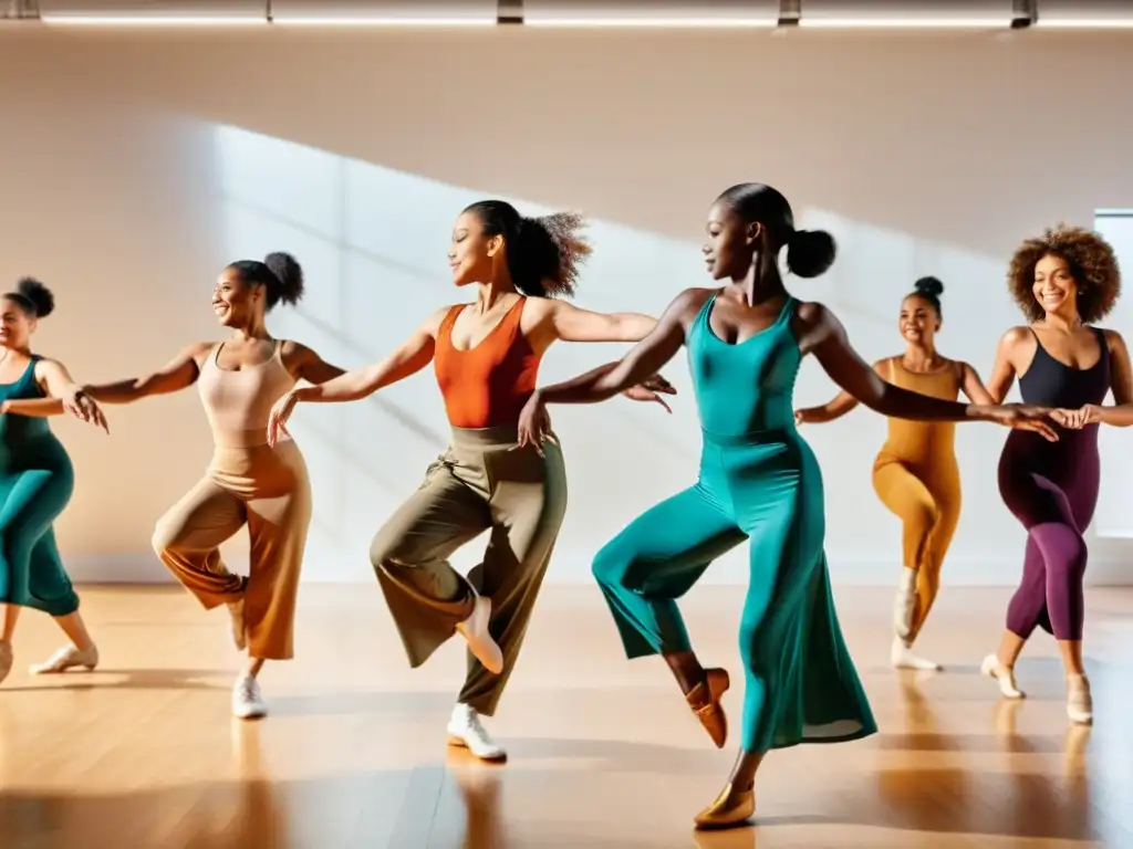 Grupo diverso de personas bailando con gracia y alegría en un estudio luminoso, mostrando los beneficios de la danza para la salud