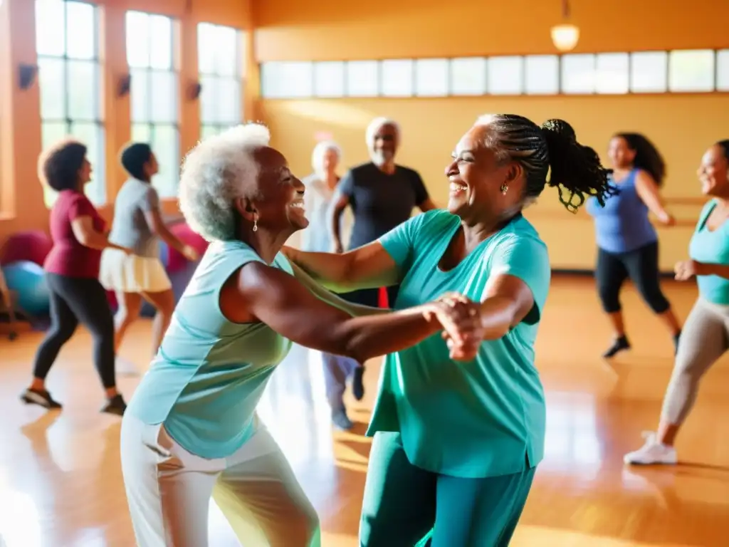 Un grupo diverso de personas baila con gracia y alegría en un centro comunitario colorido, mostrando el empoderamiento a través de la danza