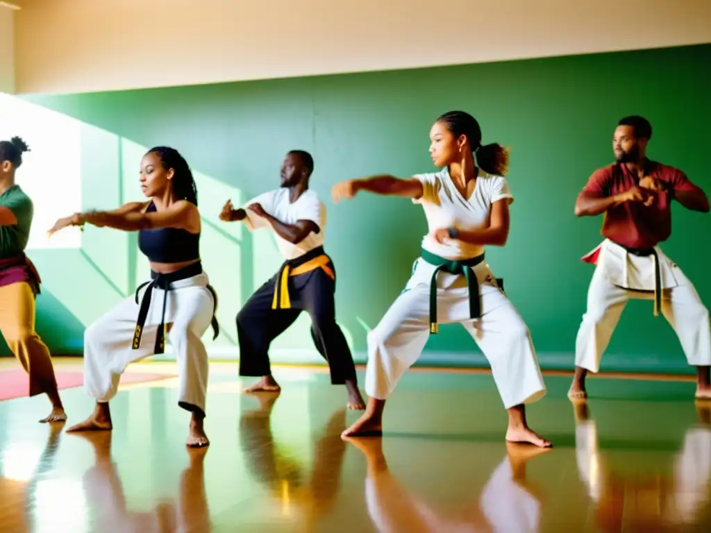 Un grupo diverso de principiantes practicando capoeira en un estudio espacioso y soleado