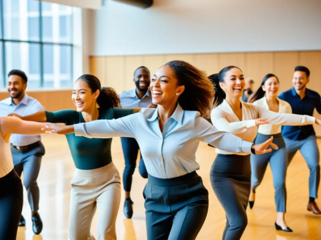 Un grupo diverso de profesionales corporativos participa en un taller de danza, integrando la danza en la cultura organizacional