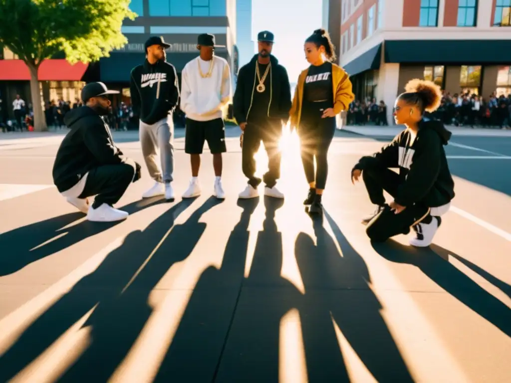 Un grupo diverso en ropa urbana baila hip hop en la acera de la ciudad