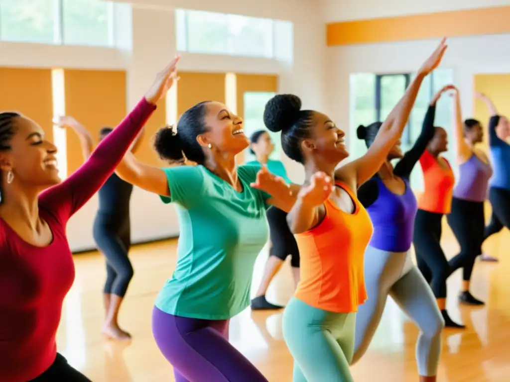 Un grupo diverso disfruta de una sesión de danza terapéutica en un simposio internacional, irradiando alegría y libertad con sus movimientos gráciles