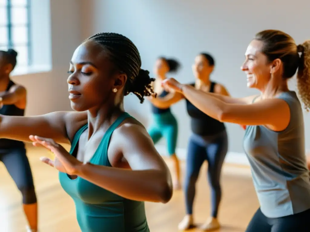 Un grupo diverso participa en una sesión de terapia de danza, mostrando beneficios psicológicos de la danza