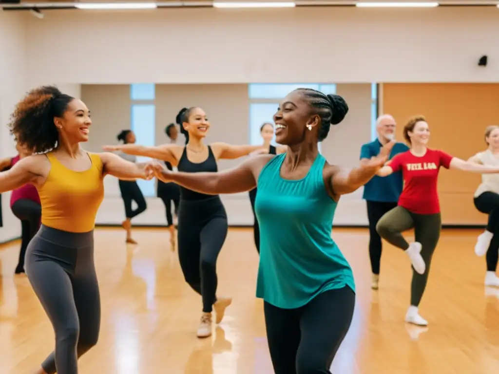 Grupo diverso disfruta la rehabilitación social a través de la danza en un estudio luminoso y acogedor