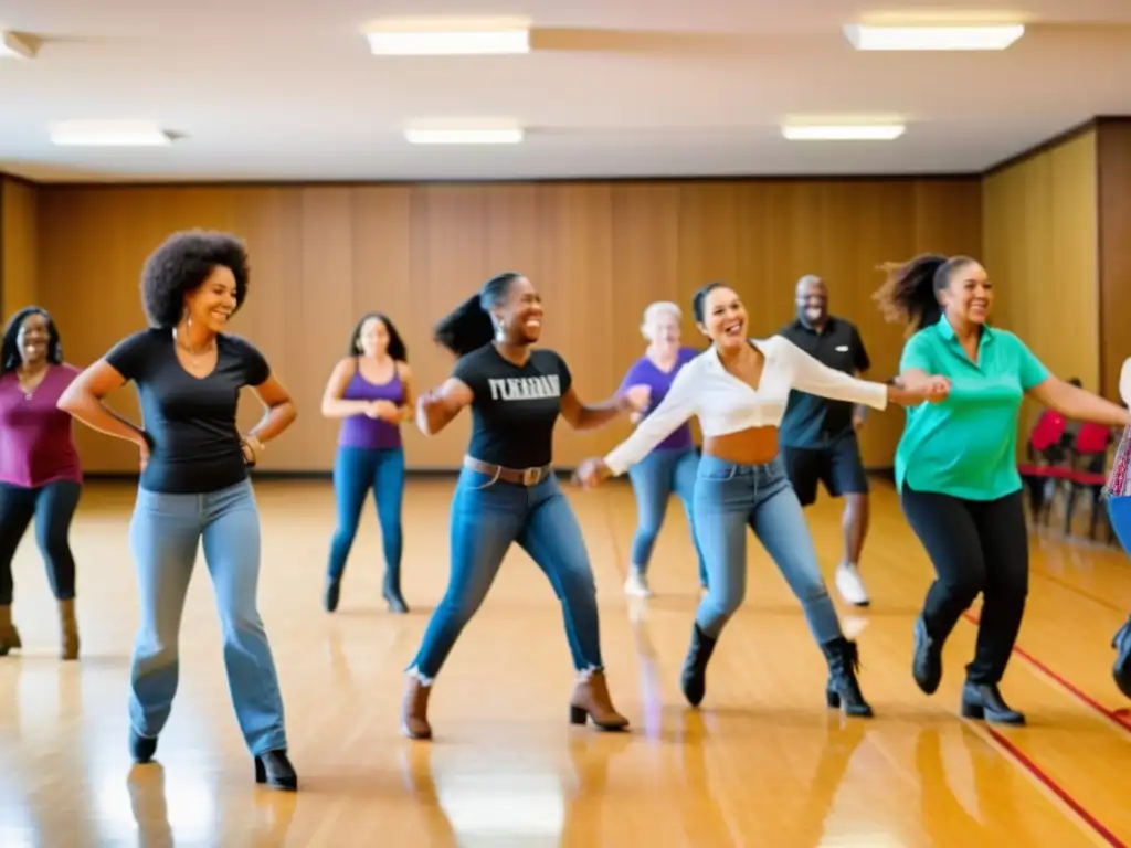 Grupo diverso sonriente bailando en formación de línea, reflejando alegría y beneficios salud mental baile en grupo