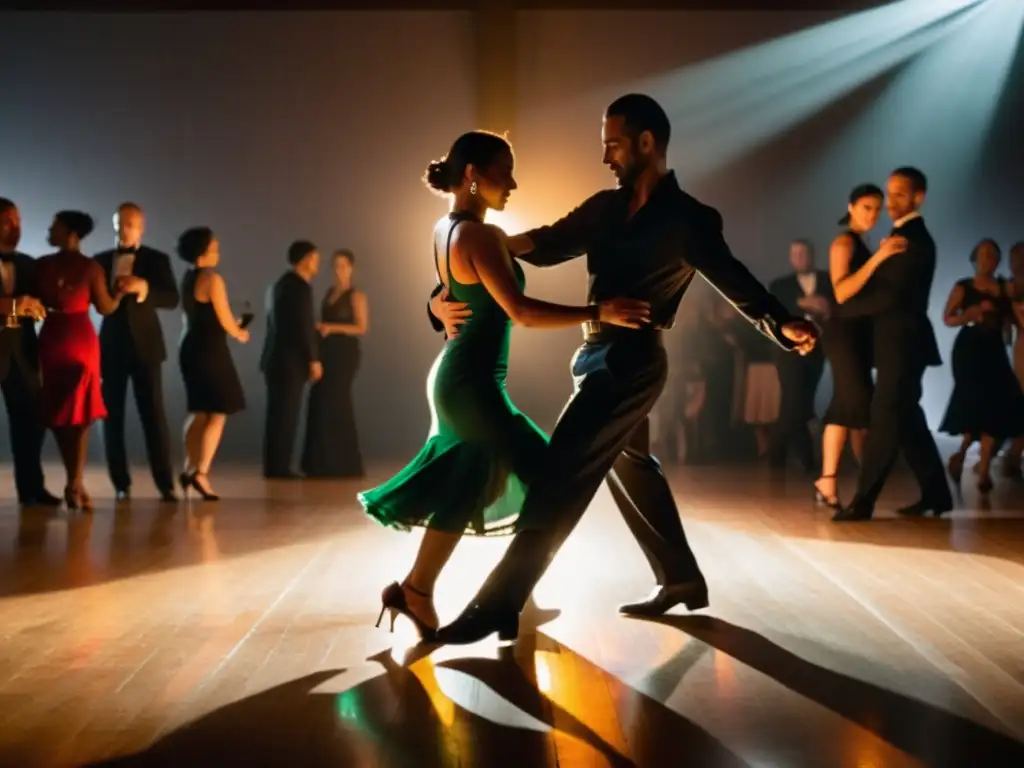 Un grupo diverso baila tango en un ambiente íntimo y tenue, mostrando pasión y emoción