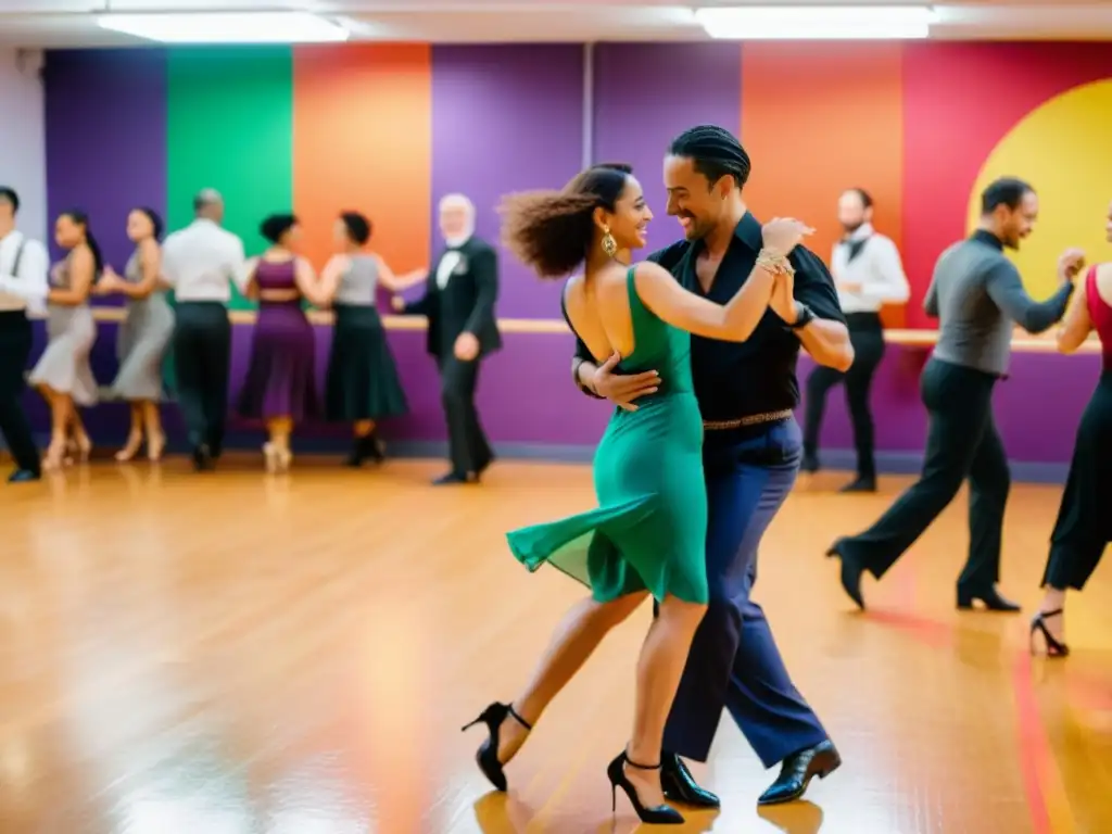 Grupo diverso bailando tango con pasión y autenticidad en un estudio vibrante