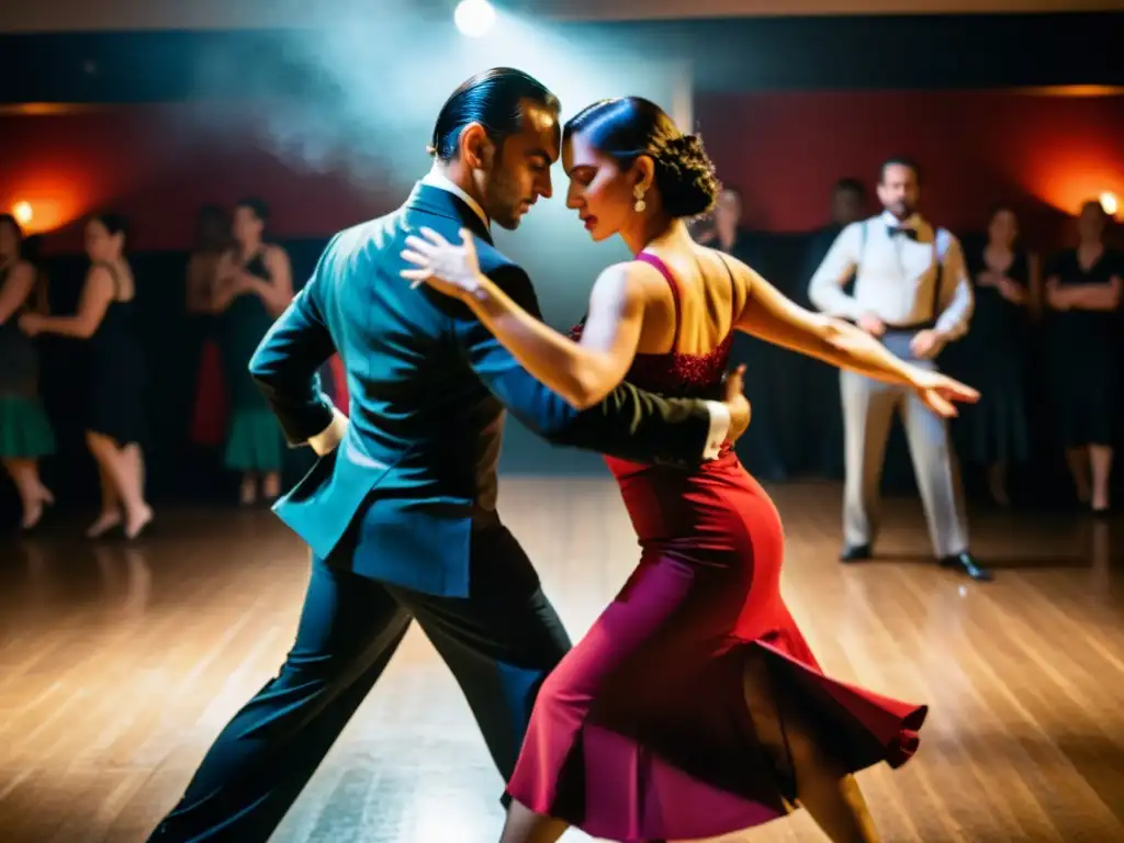 Grupo diverso baila apasionadamente tango queer en un estudio atmosférico