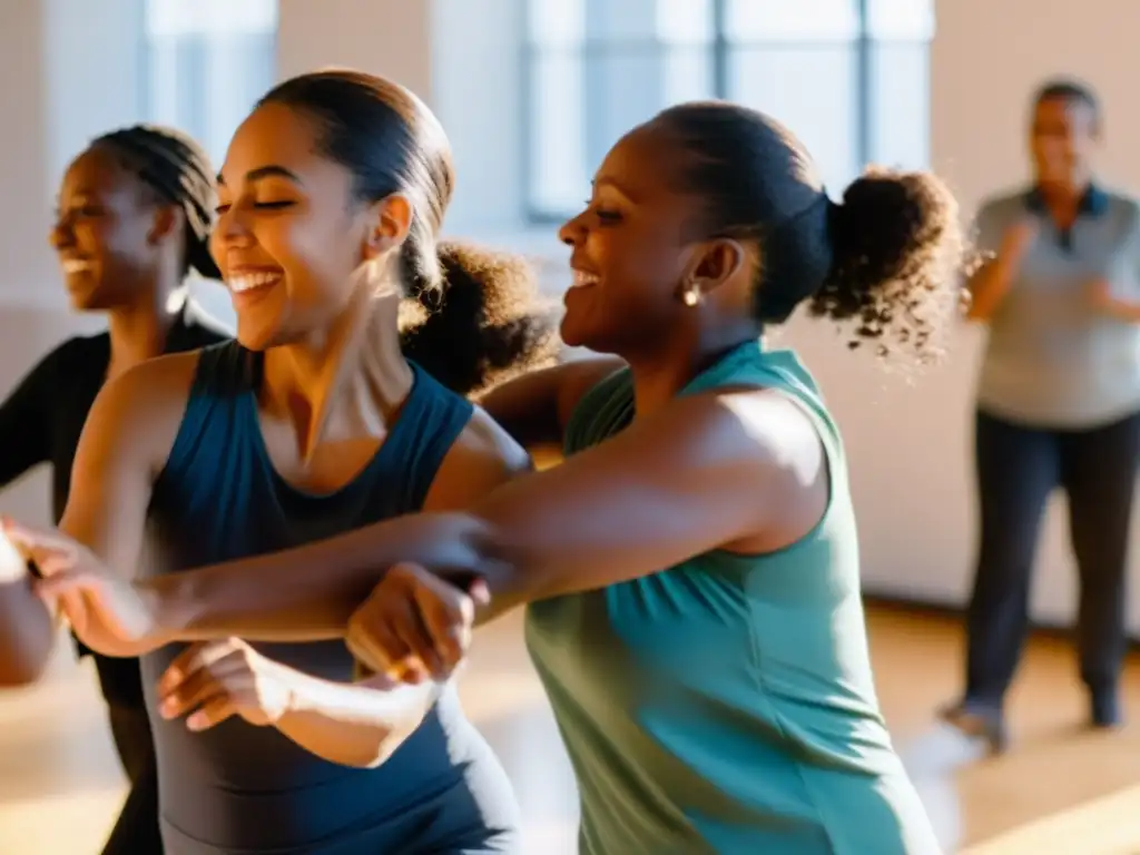 Grupo diverso disfruta sesión de terapia de danza, expresando liberación y alegría