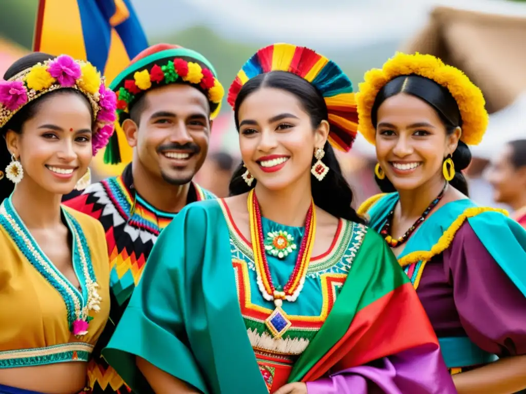 Grupo diverso en trajes folklóricos de América Latina, celebrando la riqueza cultural