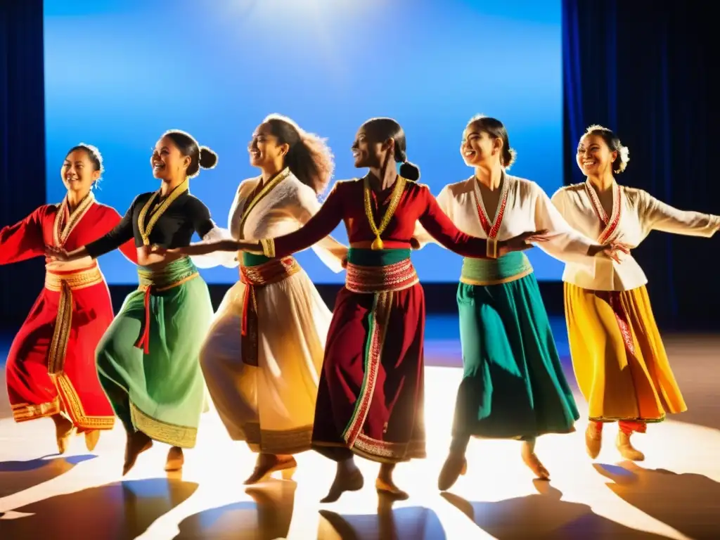 Grupo diverso en trajes tradicionales baila en un escenario vibrante, reflejando la rehabilitación social a través de la danza