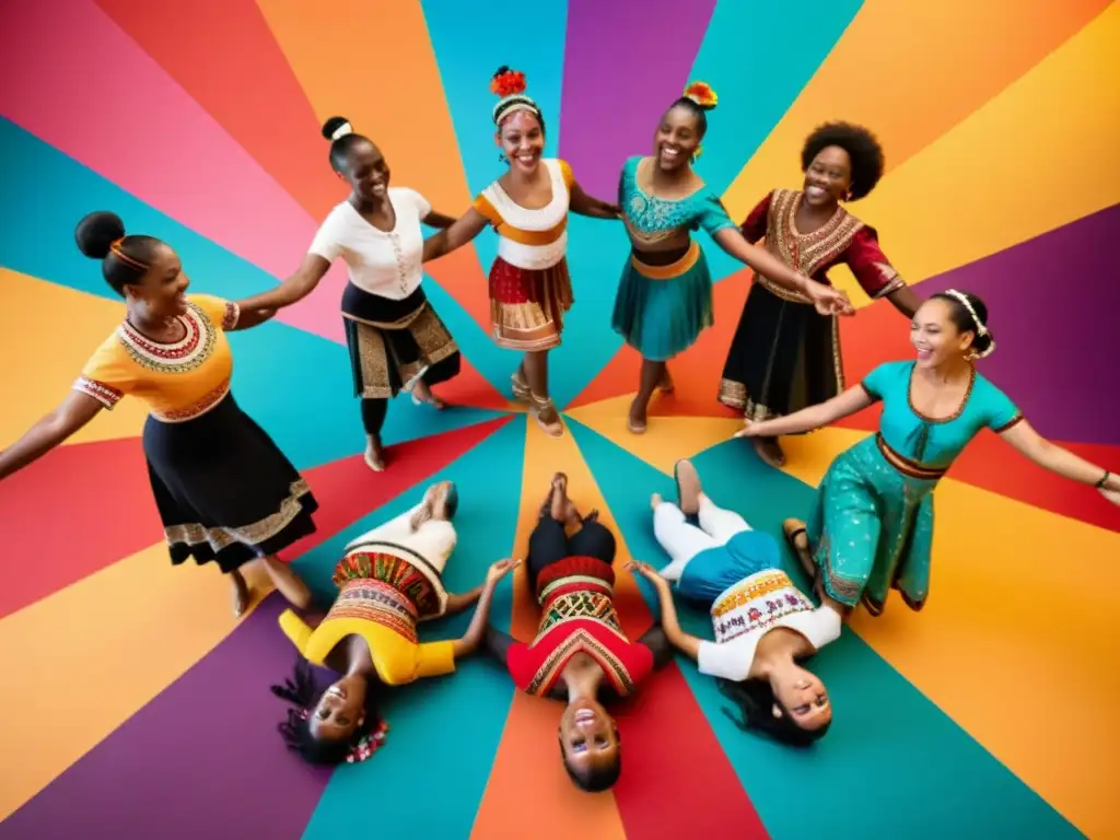 Grupo diverso en trajes tradicionales, unidos en danza, representando la fusión de estilos culturales