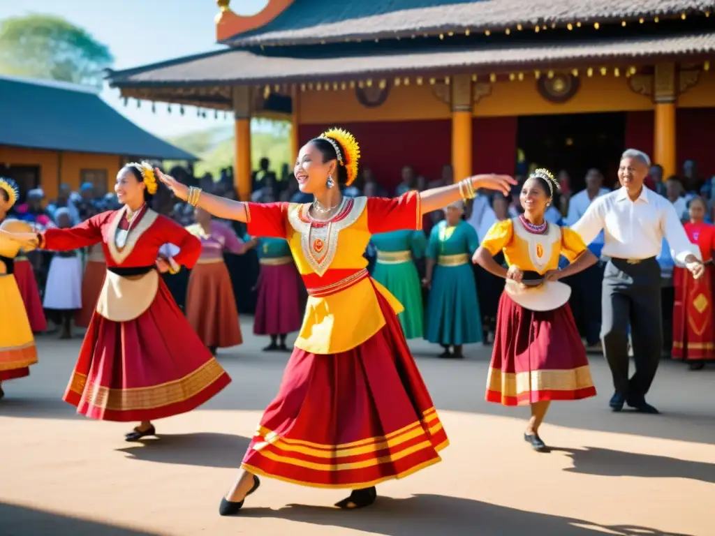 Grupo diverso baila con trajes tradicionales en escenario al aire libre, mientras la comunidad observa con asombro