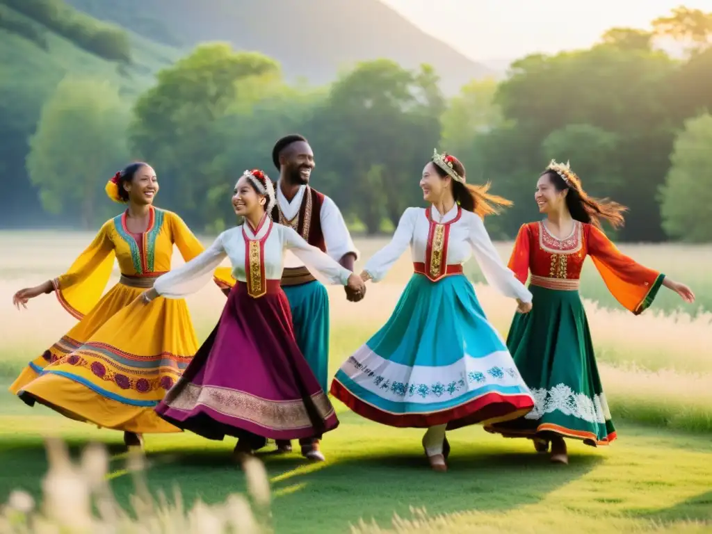 Un grupo diverso baila con trajes tradicionales en una pradera soleada