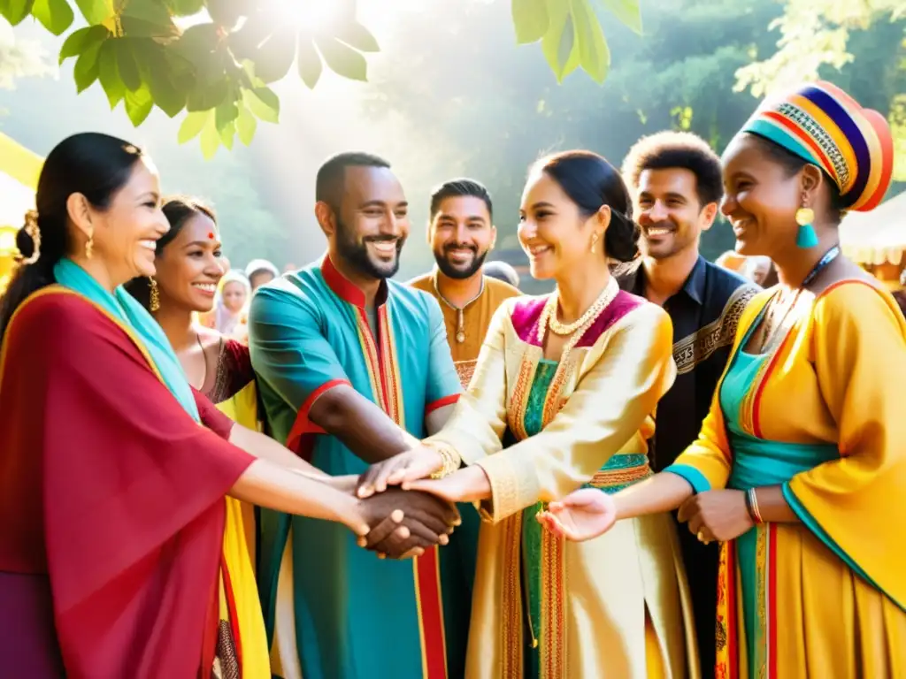 Grupo diverso usando trajes tradicionales culturales, unidos y sonrientes