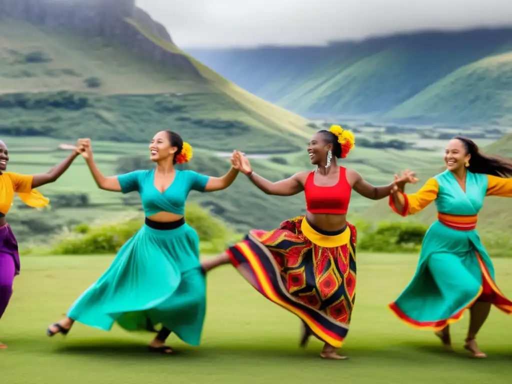 Grupo diverso en vibrante danza tradicional en paisaje natural, celebrando unidad y diversidad con entrenamientos con ritmos de danzas tradicionales