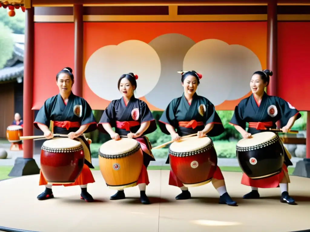 Grupo de taiko drummers con movimientos japoneses y percusión, en escenario tradicional con intensidad y energía